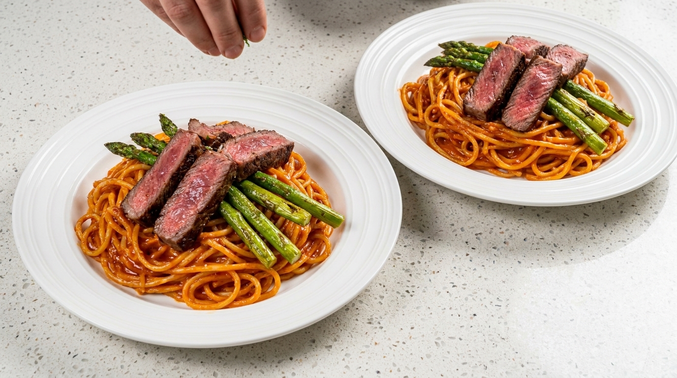 Pasta Cremosa con Bistecca e Salsa Buldak