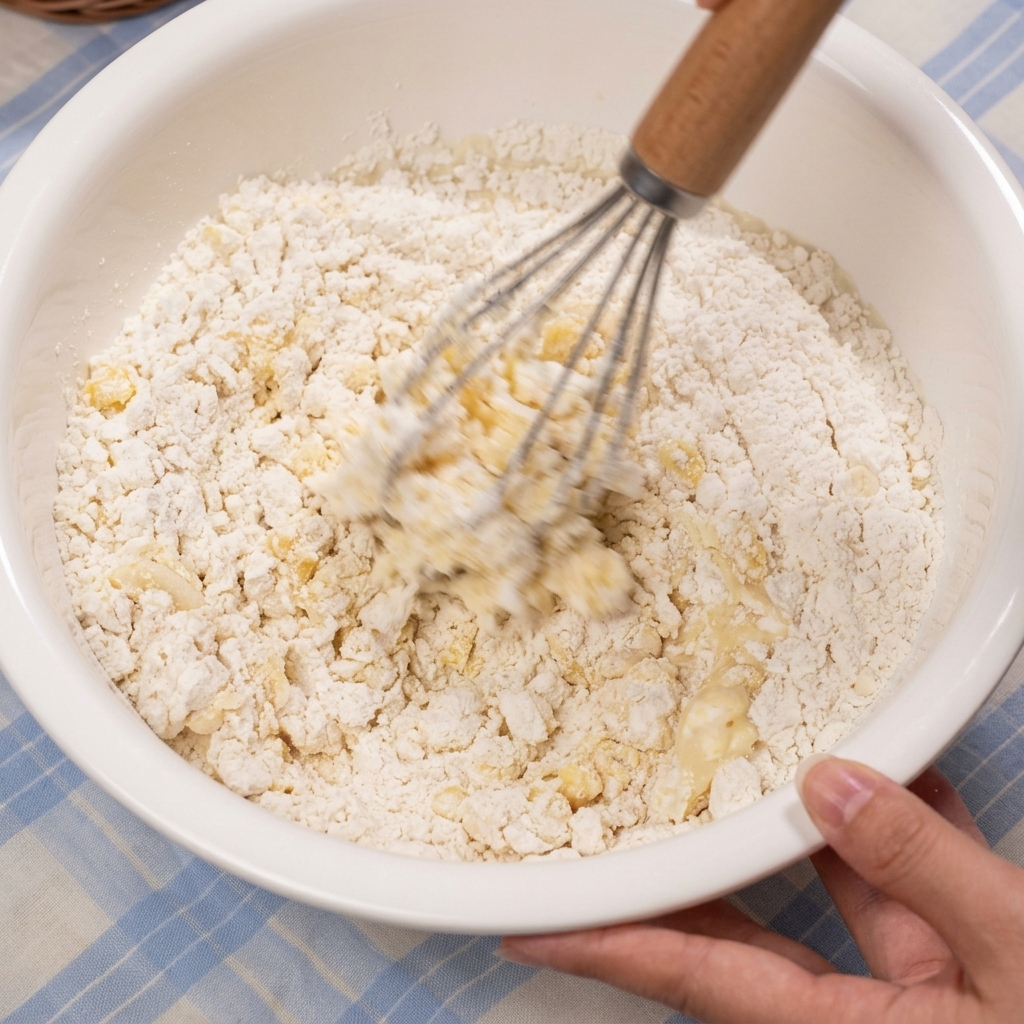 Una frusta che mescola farina e ingredienti liquidi in una grande ciotola.