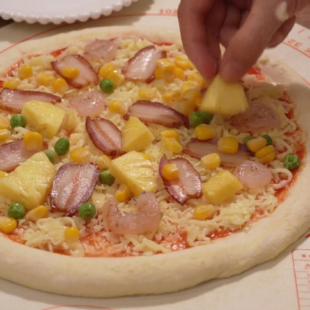 Cubetti di ananas, mais e piselli sparsi sulla pizza.