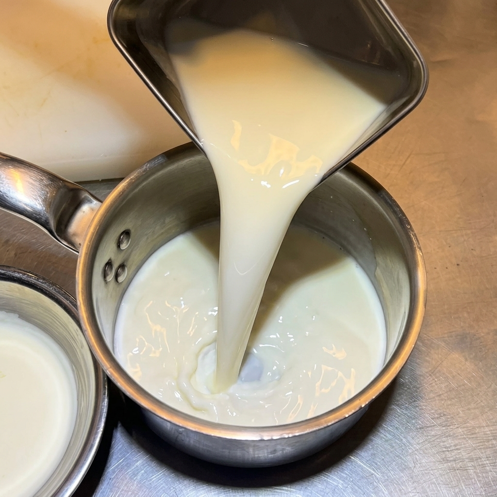 Versare il latte in un pentolino dacciaio inossidabile.