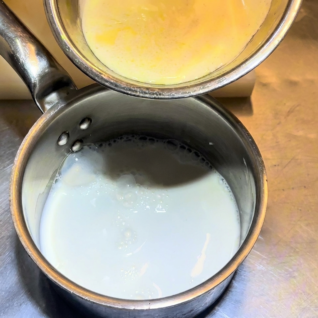 Versare la panna nel pentolino con il latte.