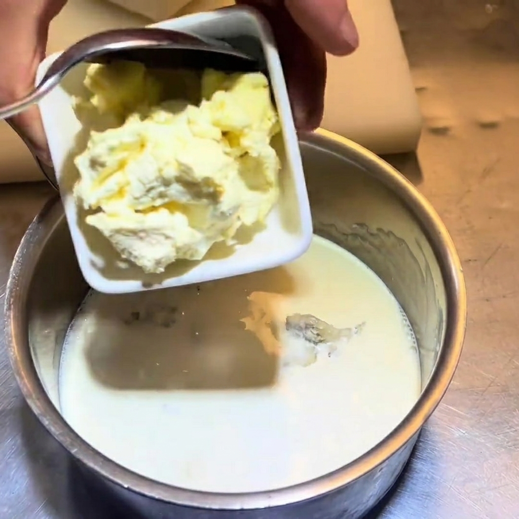 Usare un cucchiaio per far scivolare il formaggio spalmabile nel pentolino.
