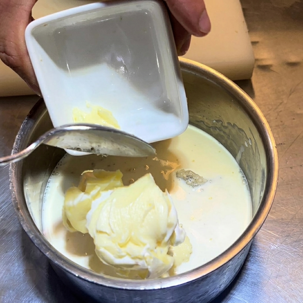 Fette di brie aggiunte al pentolino contenente latte, panna, gorgonzola e formaggio spalmabile.