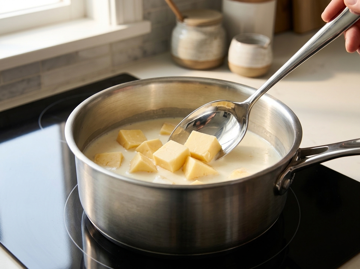 Mescolare i pezzi di formaggio nel liquido cremoso allinterno di un pentolino.