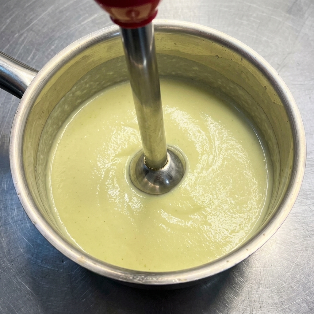 Un frullatore a immersione che lavora la salsa al formaggio in un pentolino.