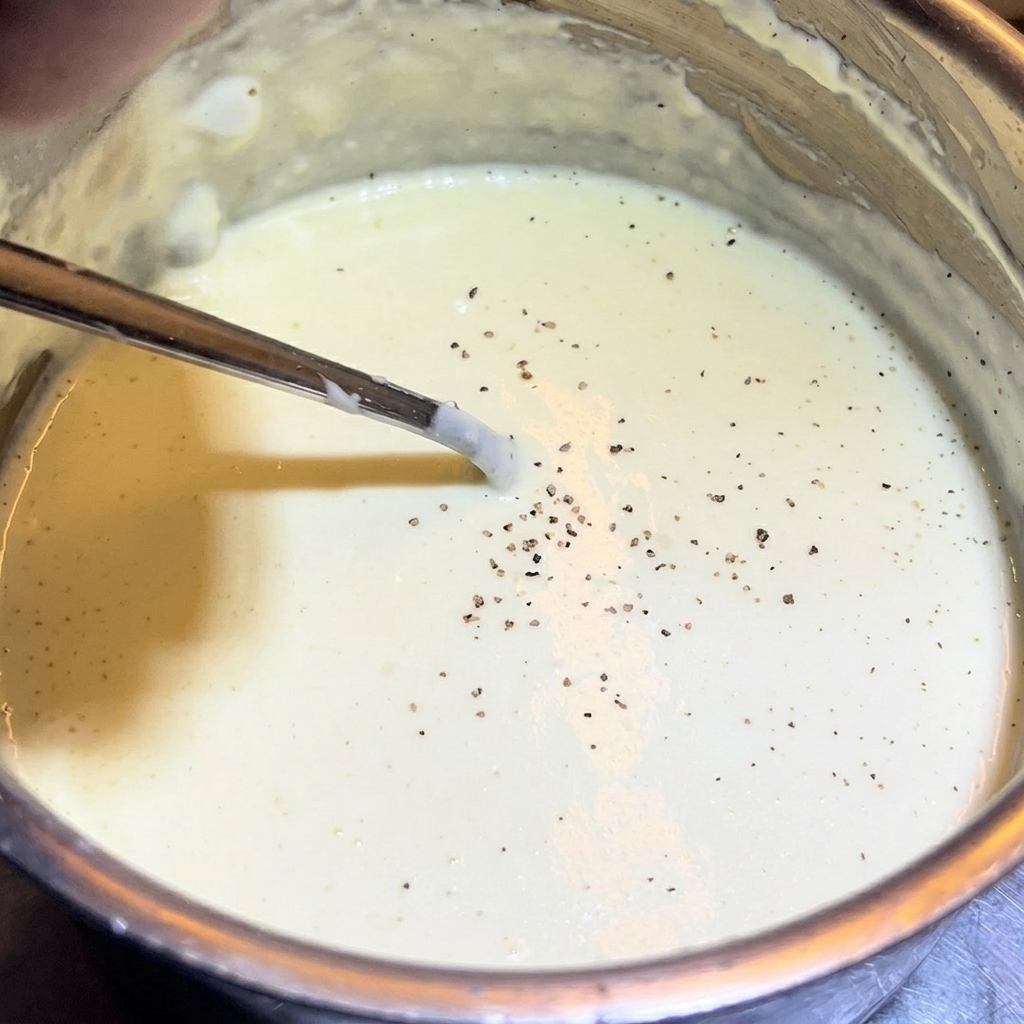 Pepe nero appena macinato spolverizzato sulla superficie della salsa pronta.