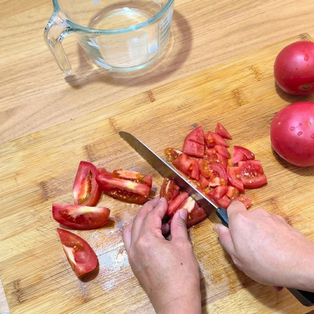 Mani che tagliano accuratamente un pomodoro rosso fresco a cubetti su un tagliere di legno.