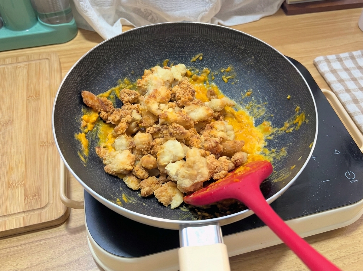 I pezzi di pollo popcorn che vengono ricoperti nel composto giallo di uovo salato in padella.