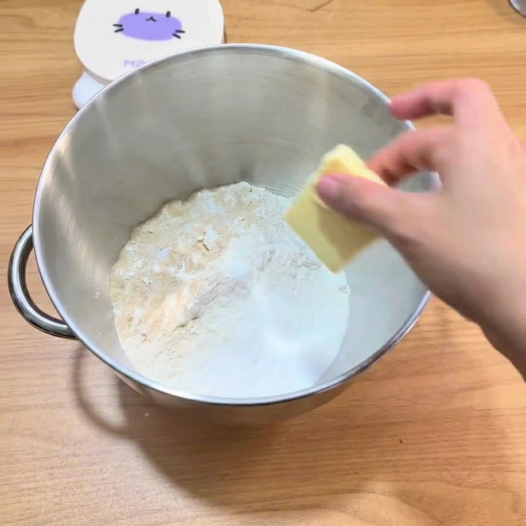 Gli ingredienti allinterno della ciotola dellimpastatrice, pronti per essere lavorati.