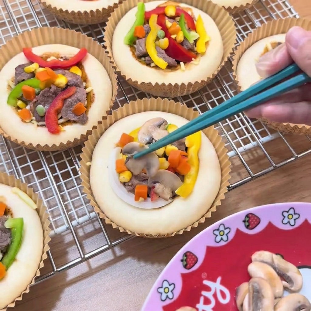 Luso delle bacchette per posizionare funghi affettati su una mini pizza condita con manzo, peperoni, mais e piselli.