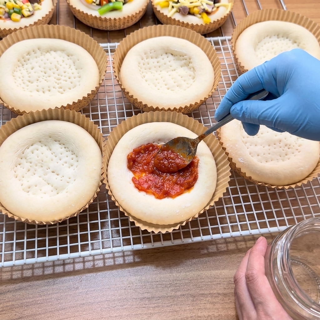 Una mano guantata che usa un cucchiaio per spalmare salsa di pomodoro rossa densa su una base di mini pizza precotta.
