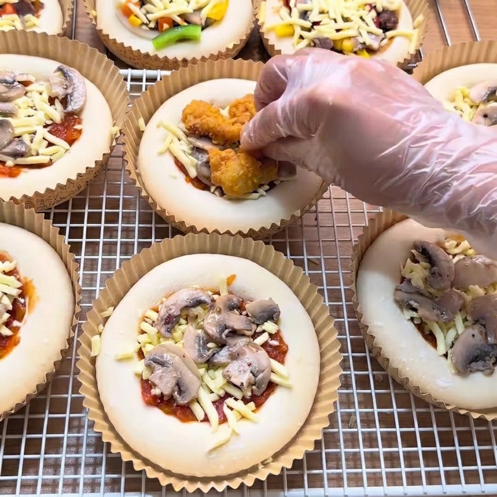Una mano guantata che posiziona pezzi di pollo popcorn dorato su una mini pizza sopra un letto di formaggio e funghi.