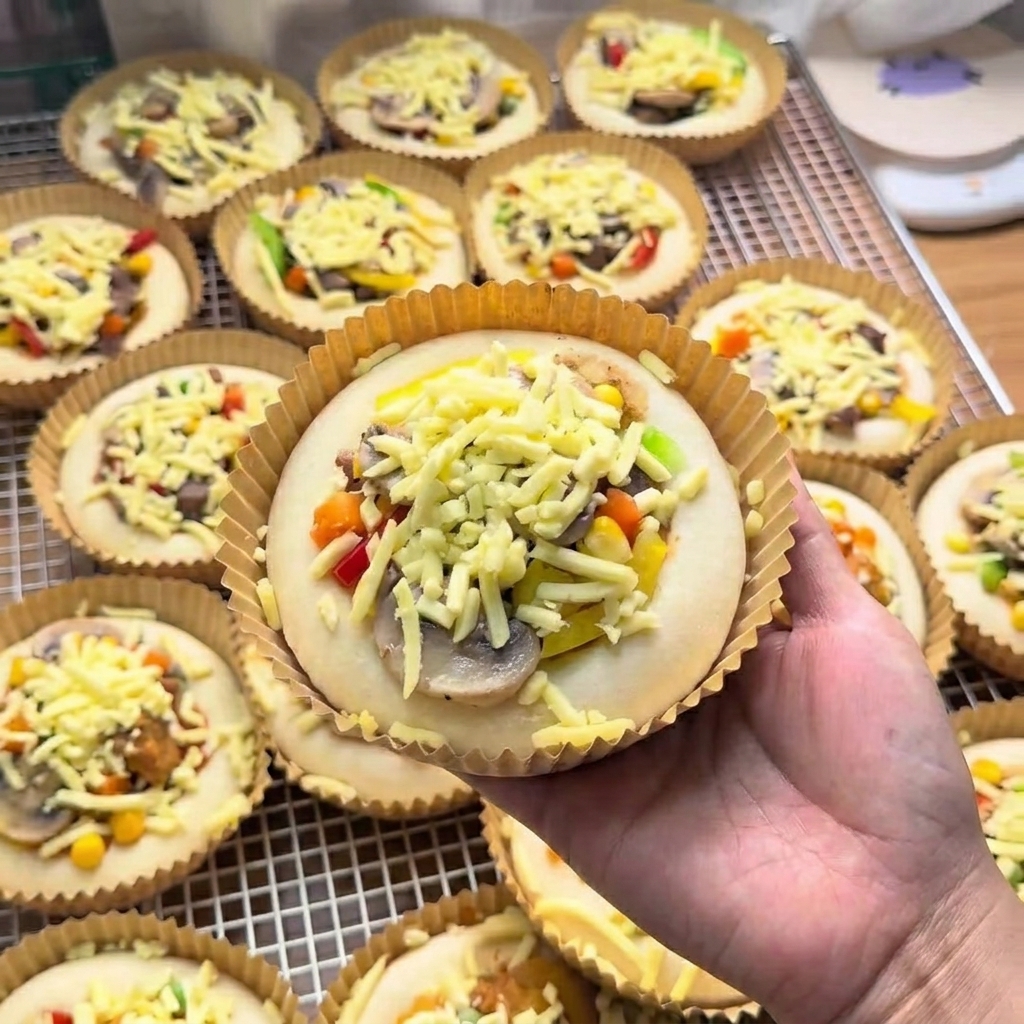 Una mano che tiene una mini pizza completamente assemblata in una teglia di carta, generosamente ricoperta di formaggio grattugiato sopra vari ingredienti.
