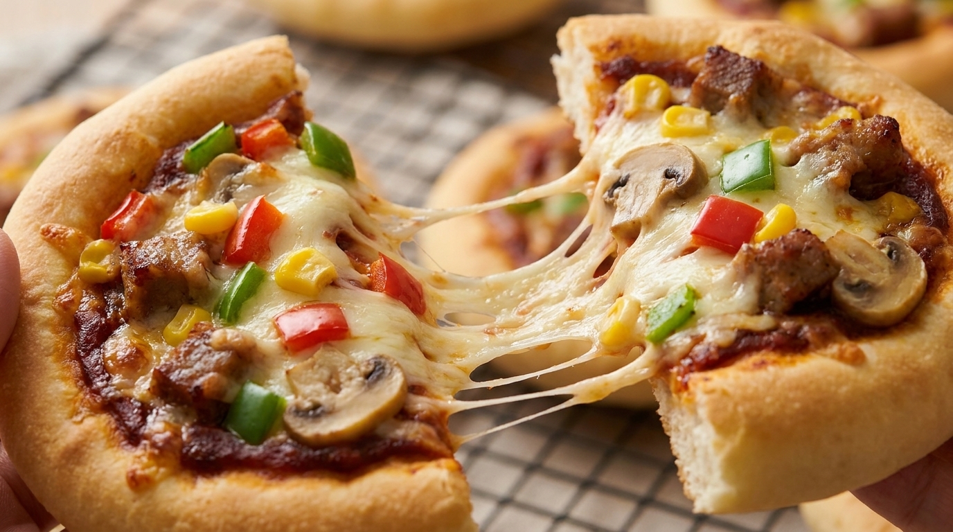 Un primo piano di una mini pizza appena sfornata che viene spezzata, rivelando una mozzarella filante e ben sciolta.