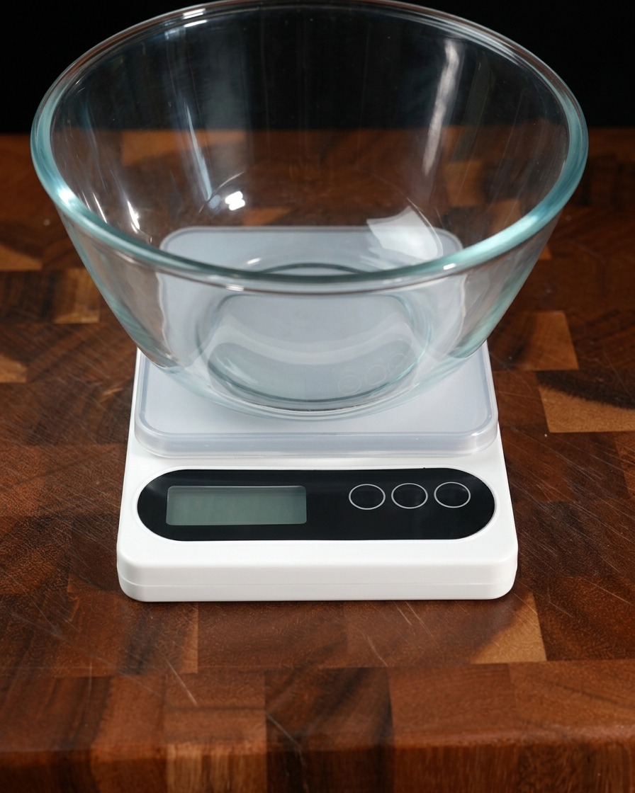 Una bilancia da cucina digitale che mostra il peso della farina in una ciotola di vetro.