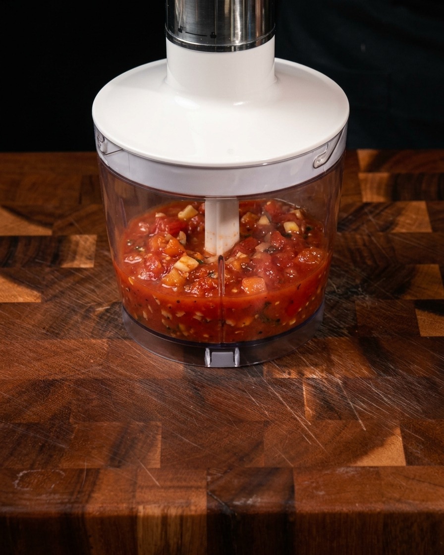 Salsa di pomodoro rossa e liscia allinterno di un robot da cucina dopo essere stata frullata.