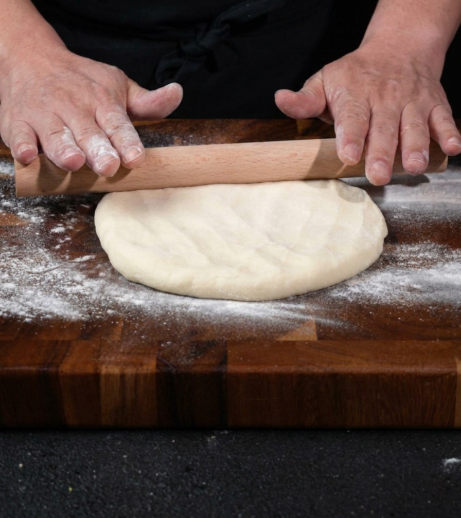 Una pallina di impasto stesa con un matterello di legno su un tagliere.