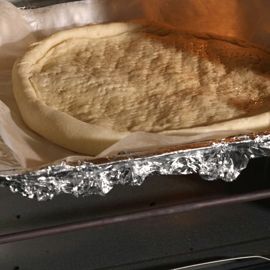 Base della pizza precotta e pronta per essere condita, posizionata su carta forno.