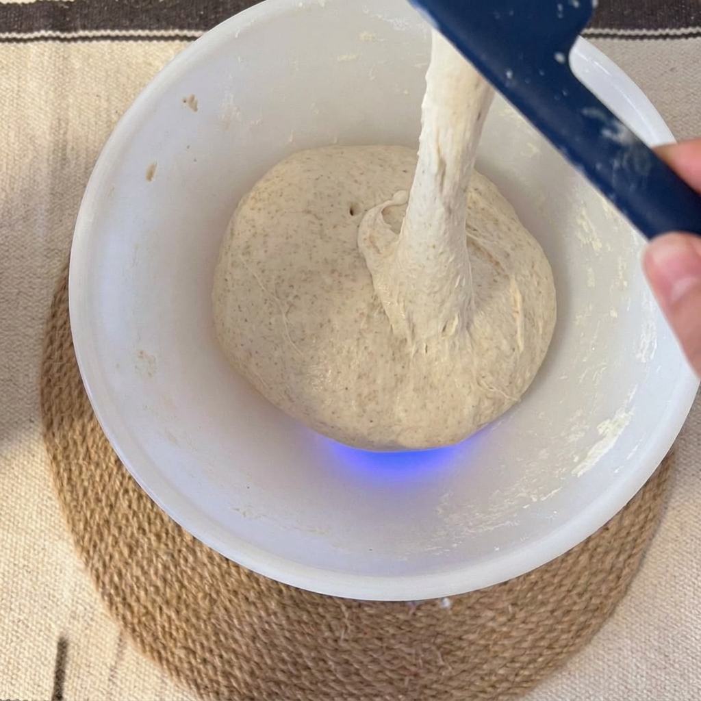 Lievito madre, sale e acqua versati in una ciotola bianca contenente limpasto autolizzato.