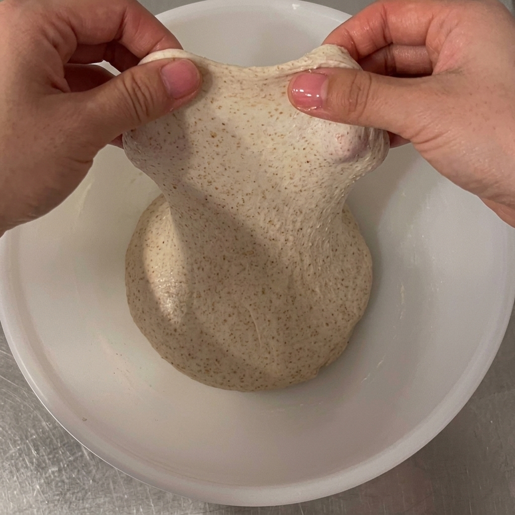Mani che sollevano una porzione di impasto crudo per mostrare la sua robusta ed elastica struttura glutinica.