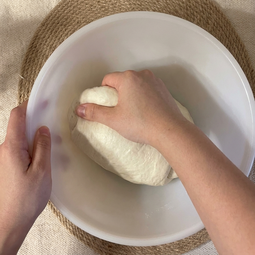 Primo piano di mani che eseguono una tecnica di stretch and fold sullimpasto allinterno di una ciotola bianca.