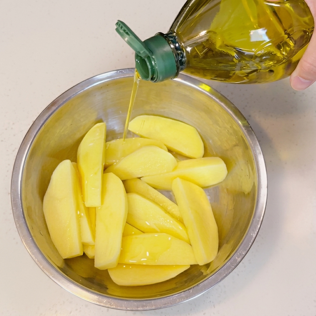 Olio doliva versato su spicchi di patate in una ciotola.