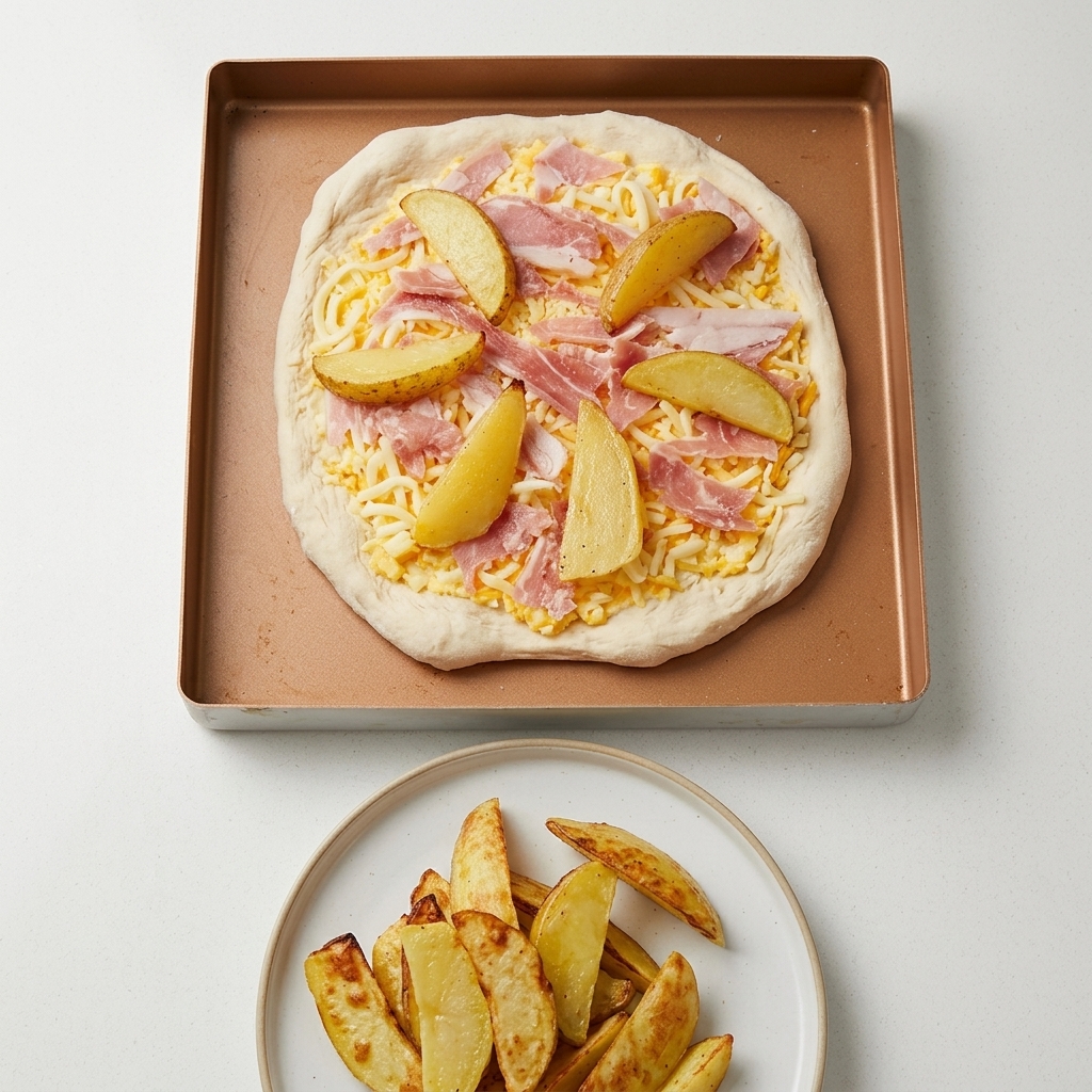 Limpasto lievitato su una superficie di lavoro diviso in due pezzi uguali con un raschietto.