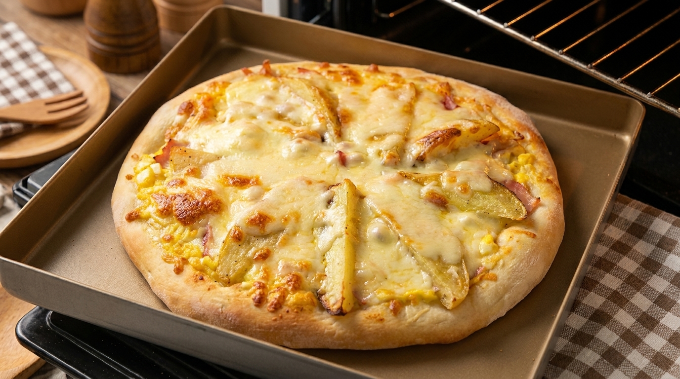 Pizza con spicchi di patate e insalata di uova cremosa