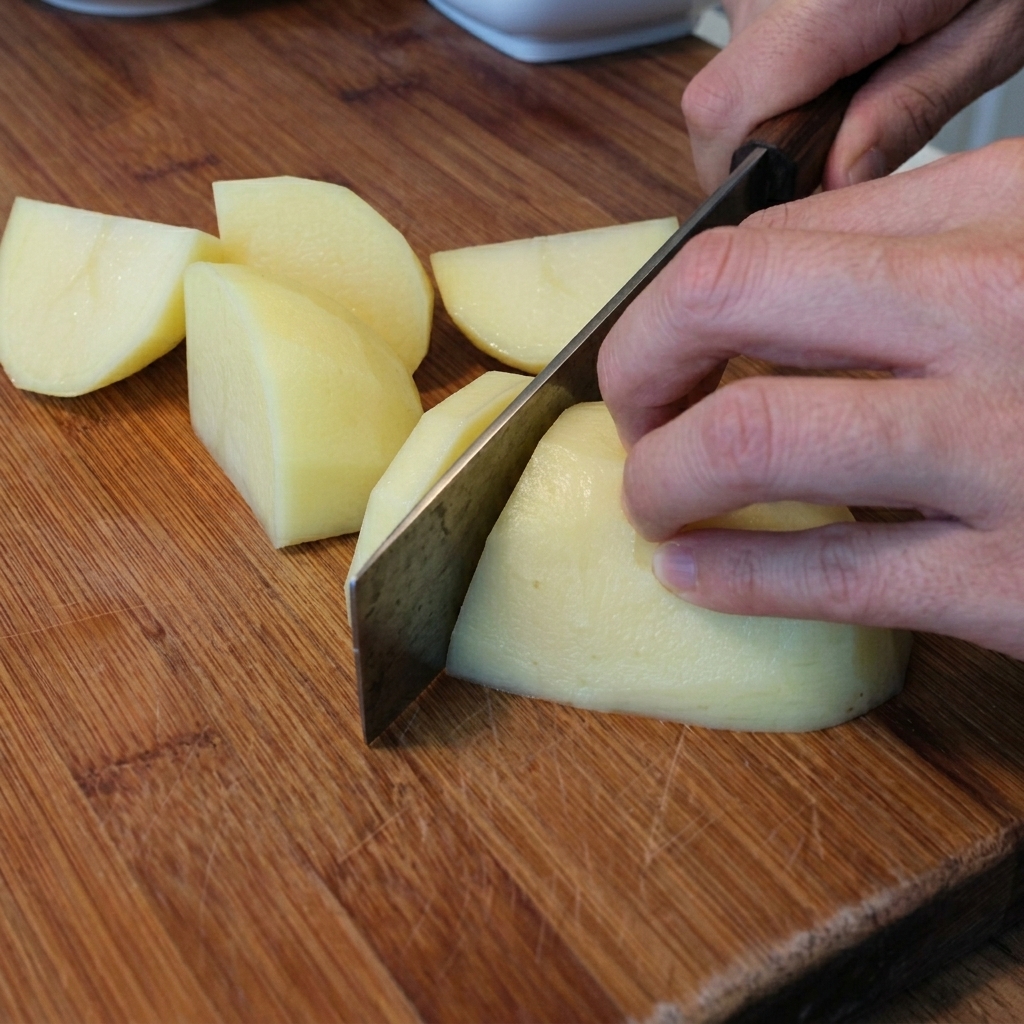 Una mano usa un coltello per tagliare patate crude pelate a cubetti su un tagliere di legno.