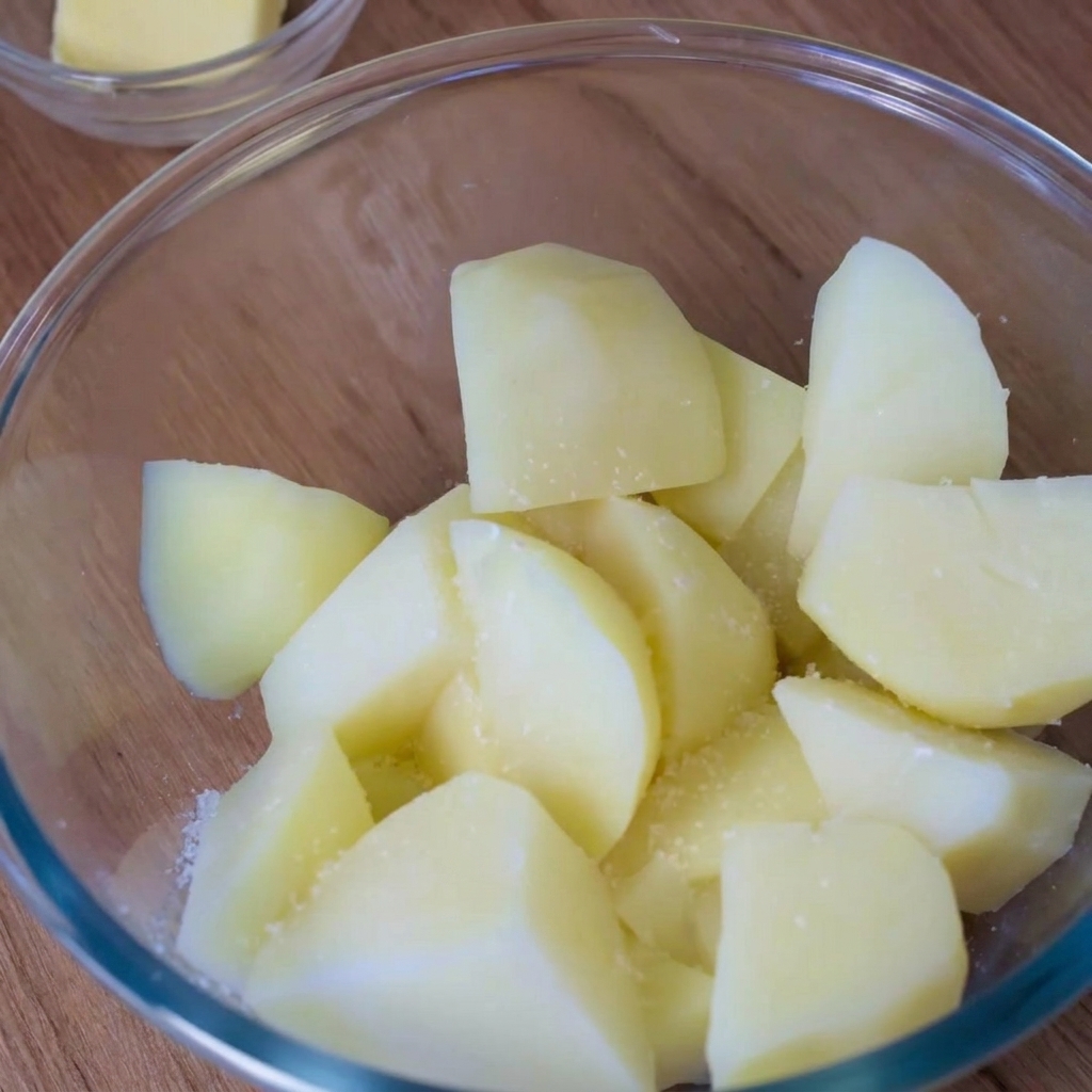 Cubetti di patate bollite in una ciotola di vetro leggermente spolverati con un condimento in polvere bianco.
