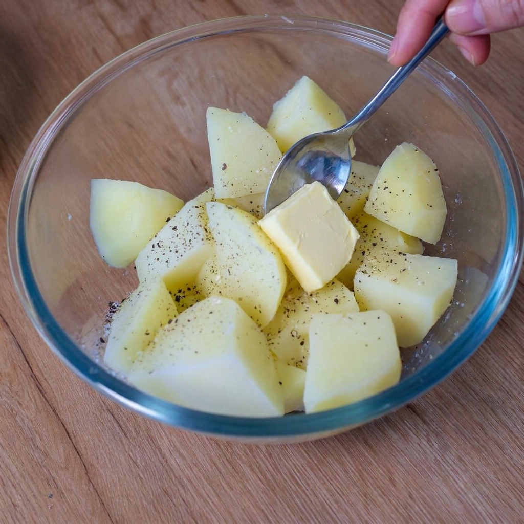 Un cucchiaio che posiziona un cubetto di burro sopra i cubetti di patate caldi e conditi in una ciotola di vetro.