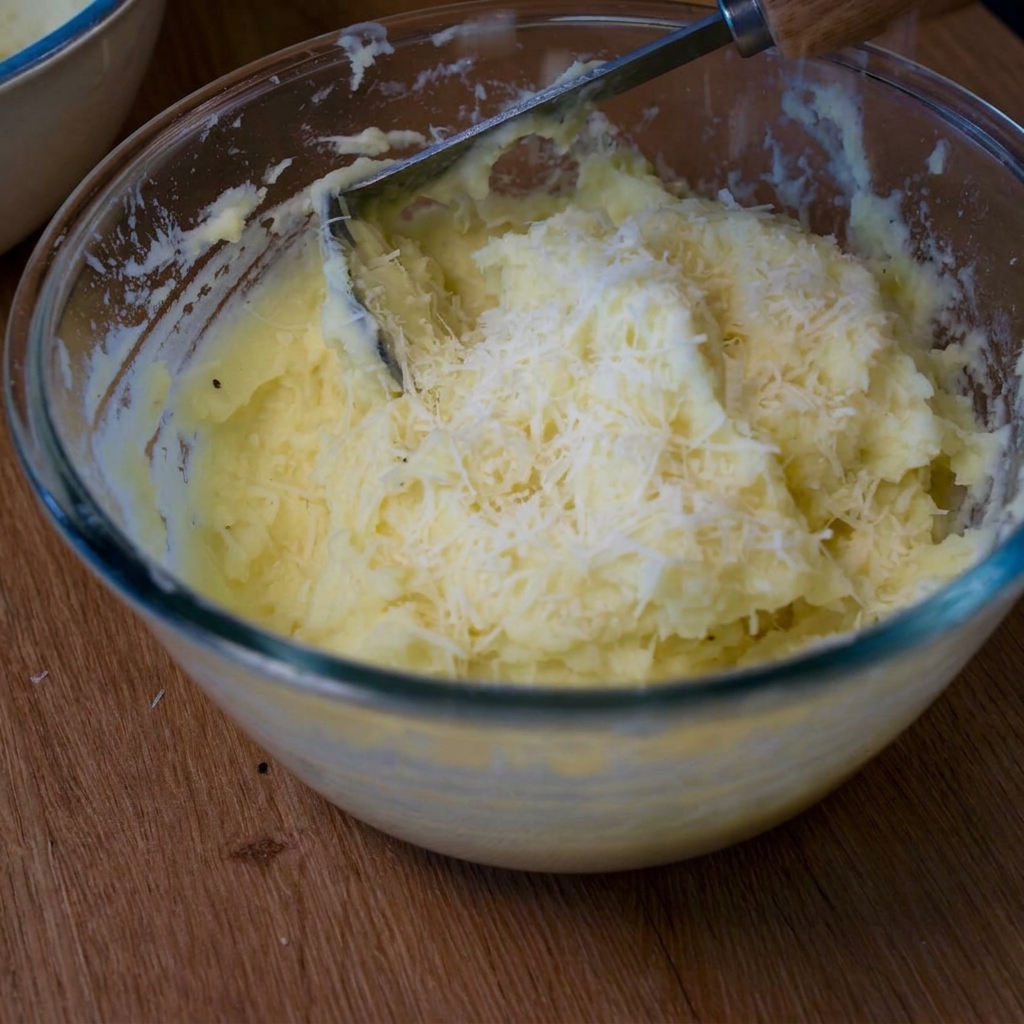 Parmigiano grattugiato cosparso generosamente sul purè di patate cremoso in una ciotola di vetro.