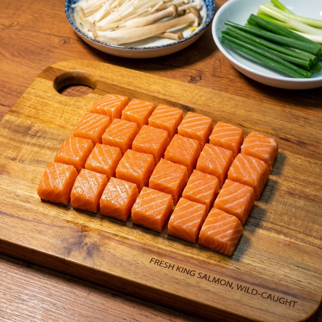 Salmone crudo fresco di colore arancione brillante tagliato in cubetti uniformi su un tagliere di legno.