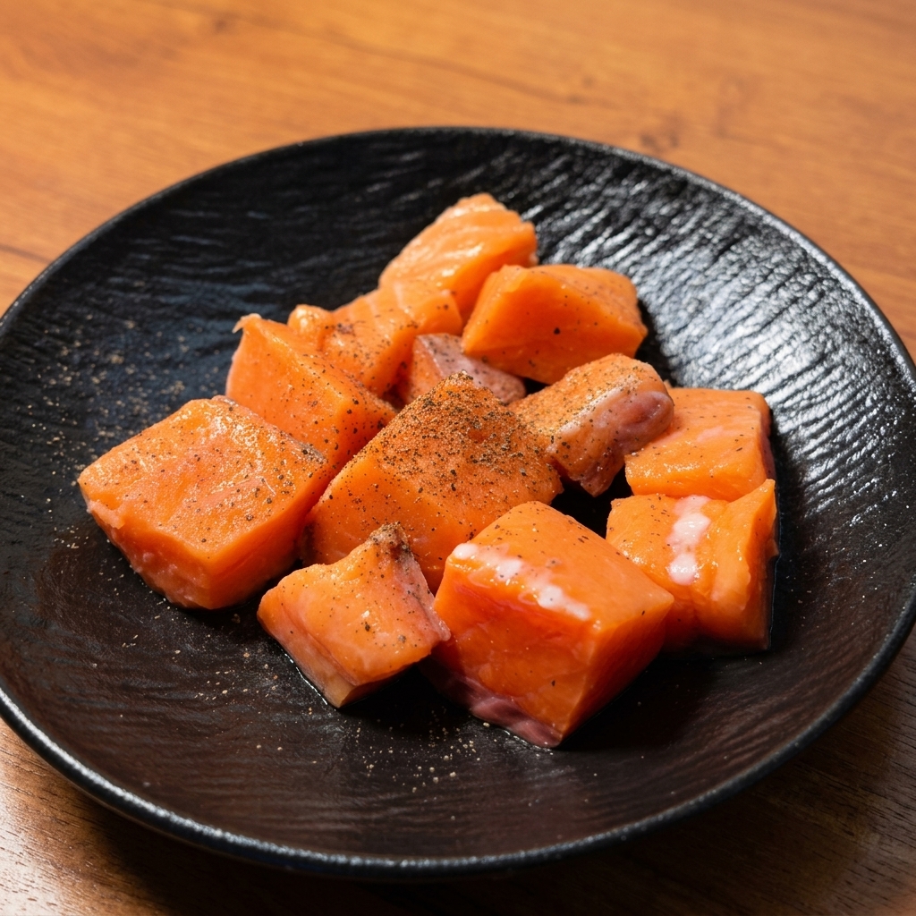 Cubetti di salmone crudo cosparsi generosamente di pepe nero su un piatto scuro.