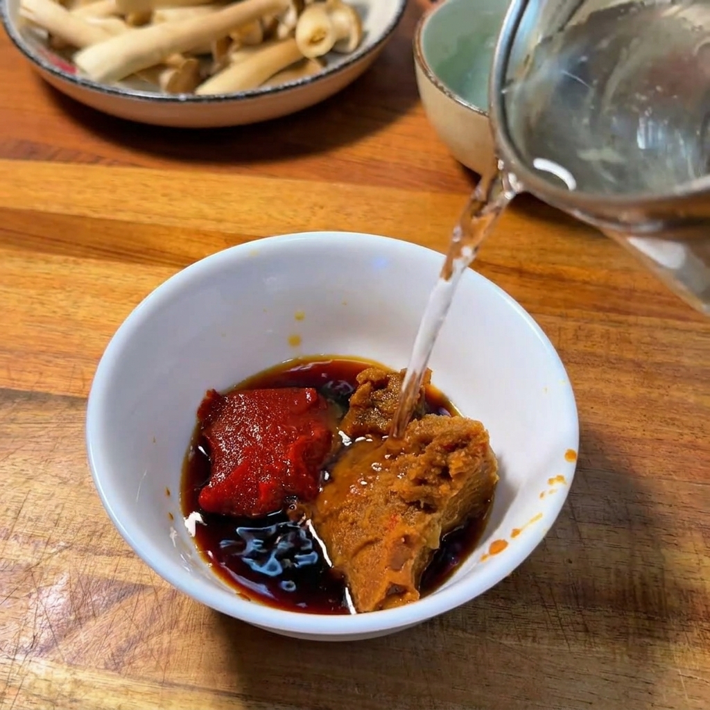 Versamento di acqua limpida in una ciotola bianca contenente cucchiaiate di pasta di peperoncino, miso e salsa di soia.