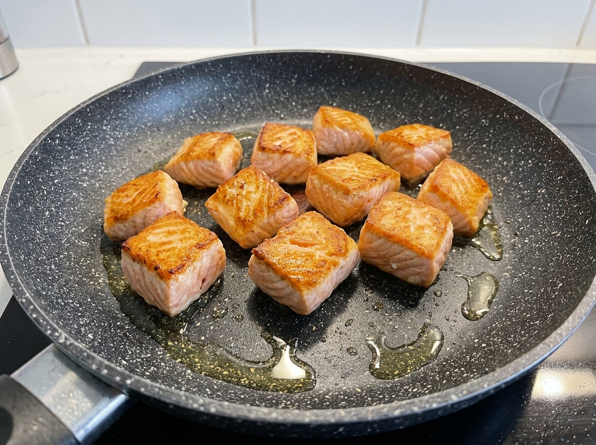Cubetti di salmone che sfrigolano in una padella calda con olio, sviluppando una crosticina dorata.