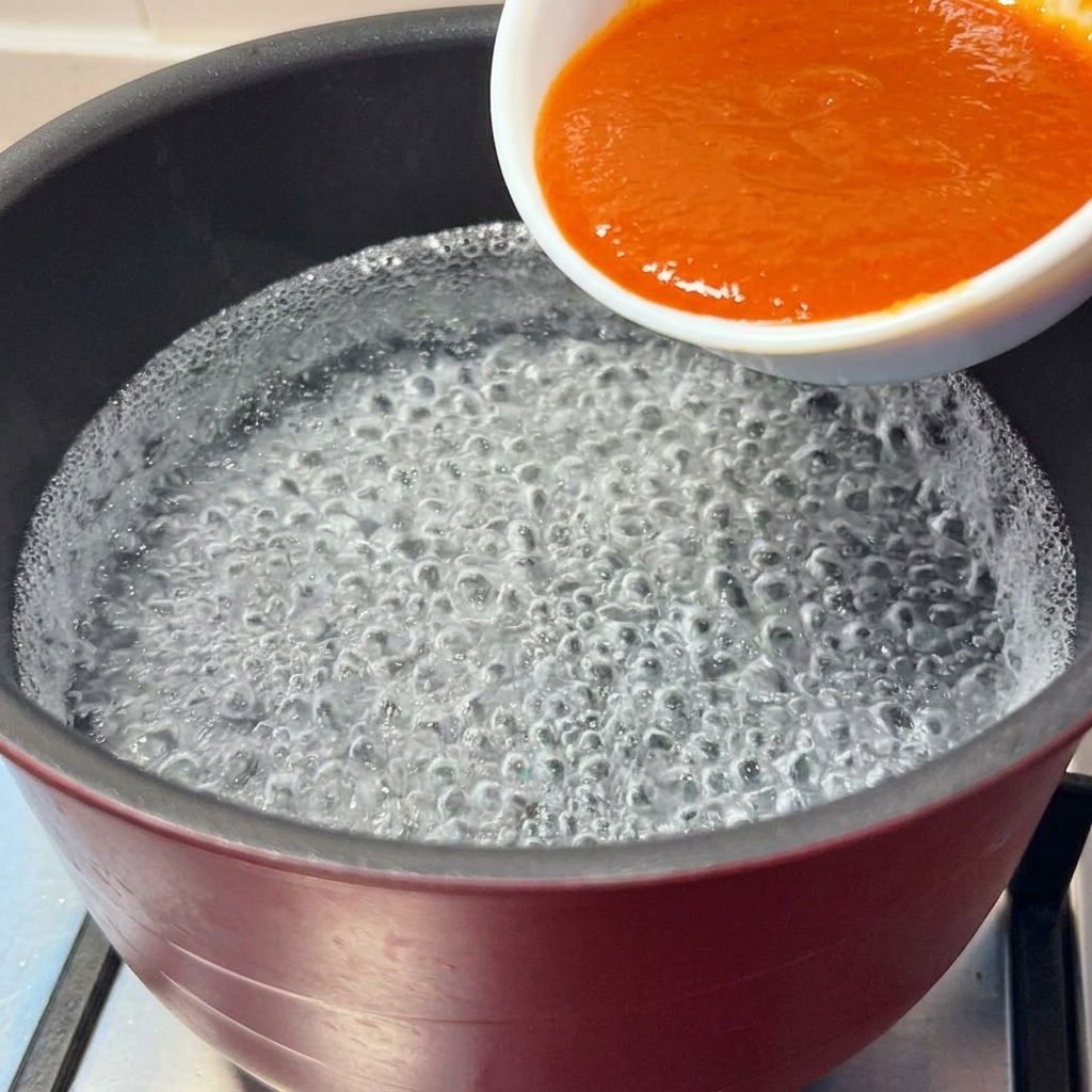 La miscela di salsa al miso rosso-arancio versata da una ciotola in una pentola di acqua bollente.