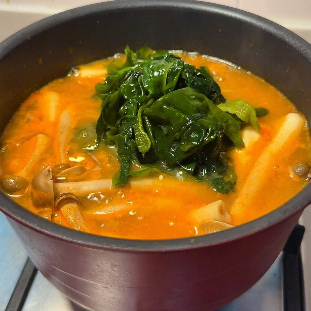 Funghi shimeji e alga wakame morbida che sobbollono in un brodo piccante al miso.