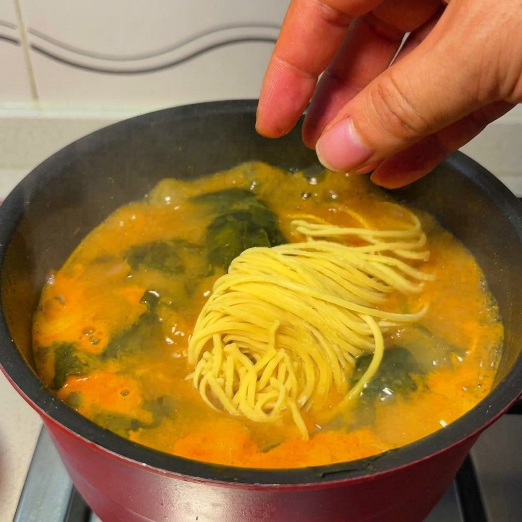 Noodles ramen freschi di colore giallo aggiunti nella pentola di zuppa bollente.