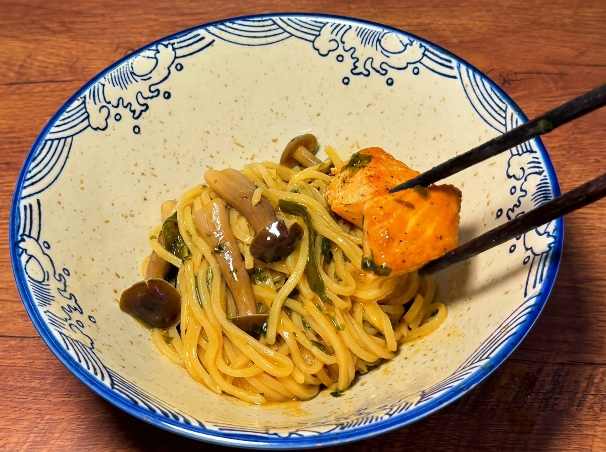 Bacchette che posizionano salmone cotto e noodles in una ciotola in stile giapponese decorata.