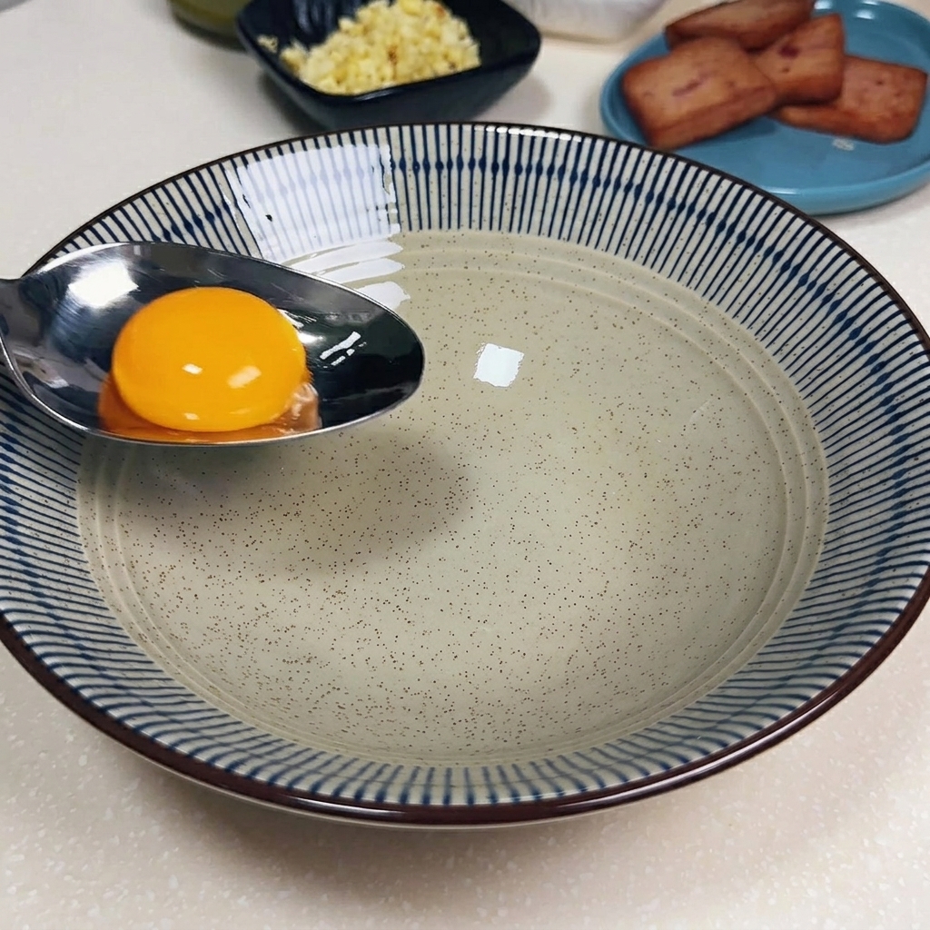 Una ciotola contenente un tuorlo duovo, aglio tritato, cipollotti, maionese e il condimento in polvere, pronta per essere mescolata.