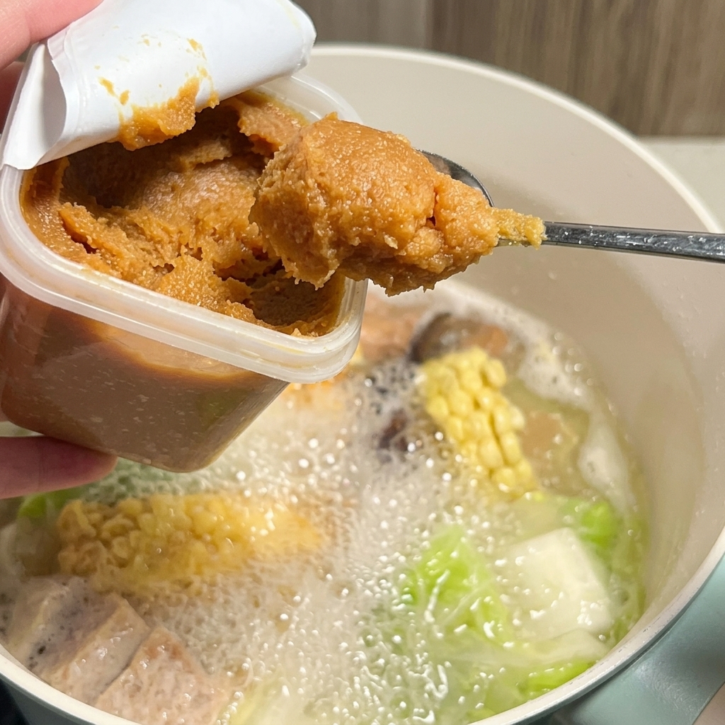 Pasta di miso che viene sciolta nel brodo bollente attraverso un colino metallico.