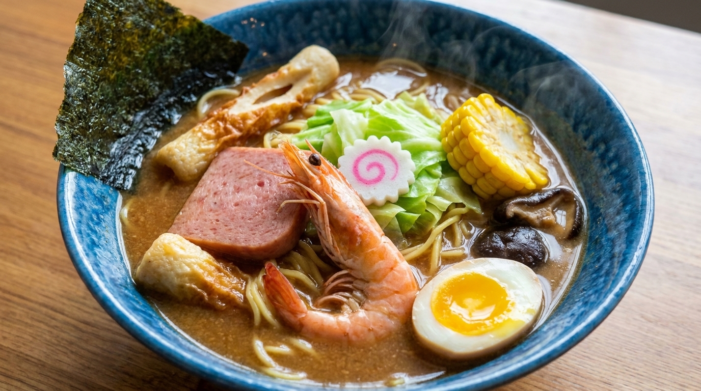 Classico Ramen al Miso con Gamberi e Carne in Scatola