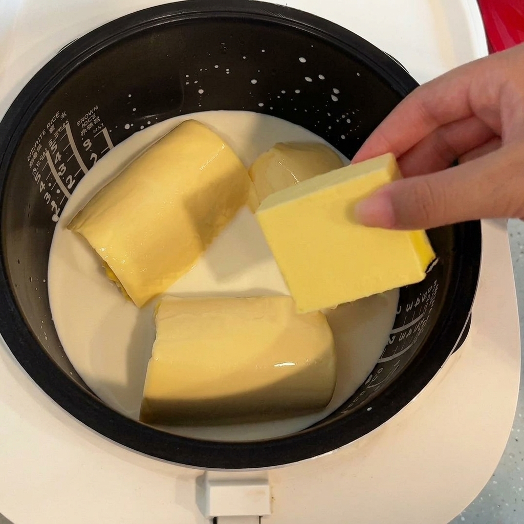 Un cubetto di burro giallo appoggiato sopra il composto di mais e latte nel cuociriso.