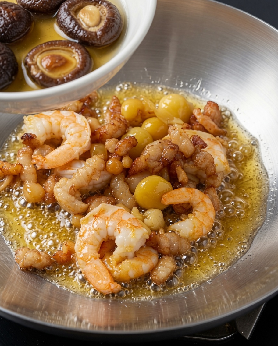 Funghi shiitake reidratati e il loro liquido di ammollo dorato versati nel wok con i frutti di mare saltati.