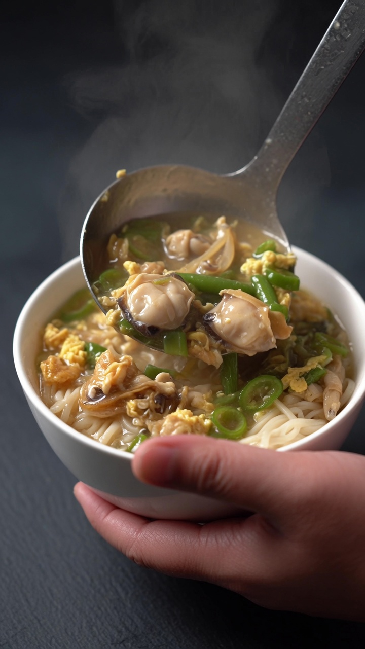Zuppa di noodle con vongole fresche e fagiolini