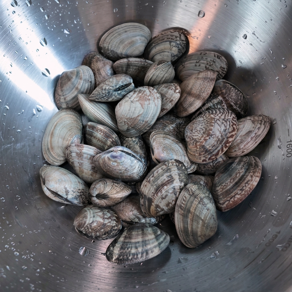 Una ciotola dacciaio inossidabile piena di vongole fresche bagnate.