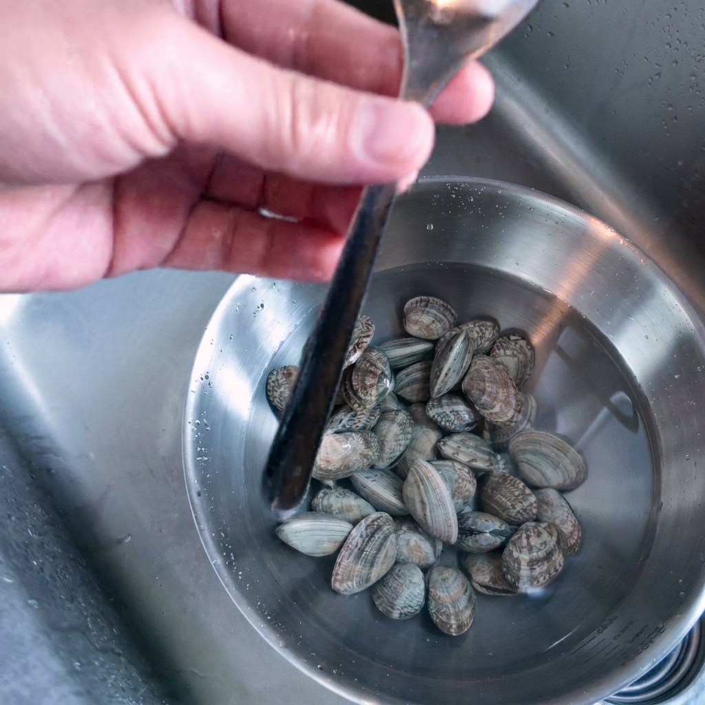 Una mano che tiene un cucchiaio di metallo sopra una ciotola di vongole in ammollo.