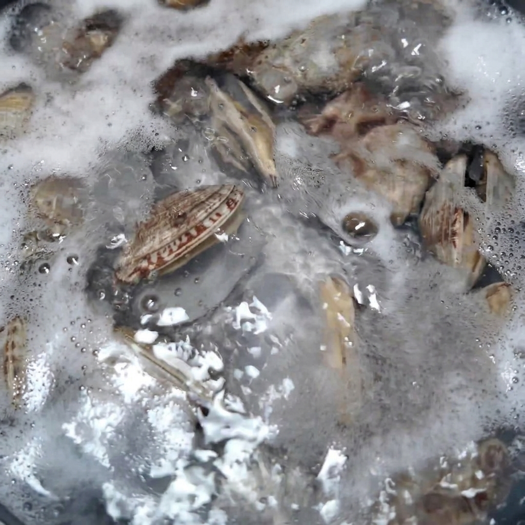 Vongole cotte estratte dallacqua bollente con un colino a maglie dacciaio.