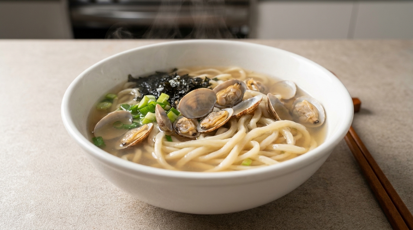 Una ciotola fumante di zuppa di noodles alle vongole, guarnita con molluschi freschi, scalogno e alga nori.